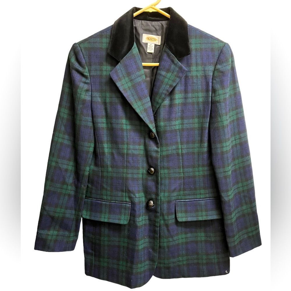 VTG Talbots 100% Wool Green and Blue Plaid Blazer w/ Velvet Collar SZ 4 Academia
